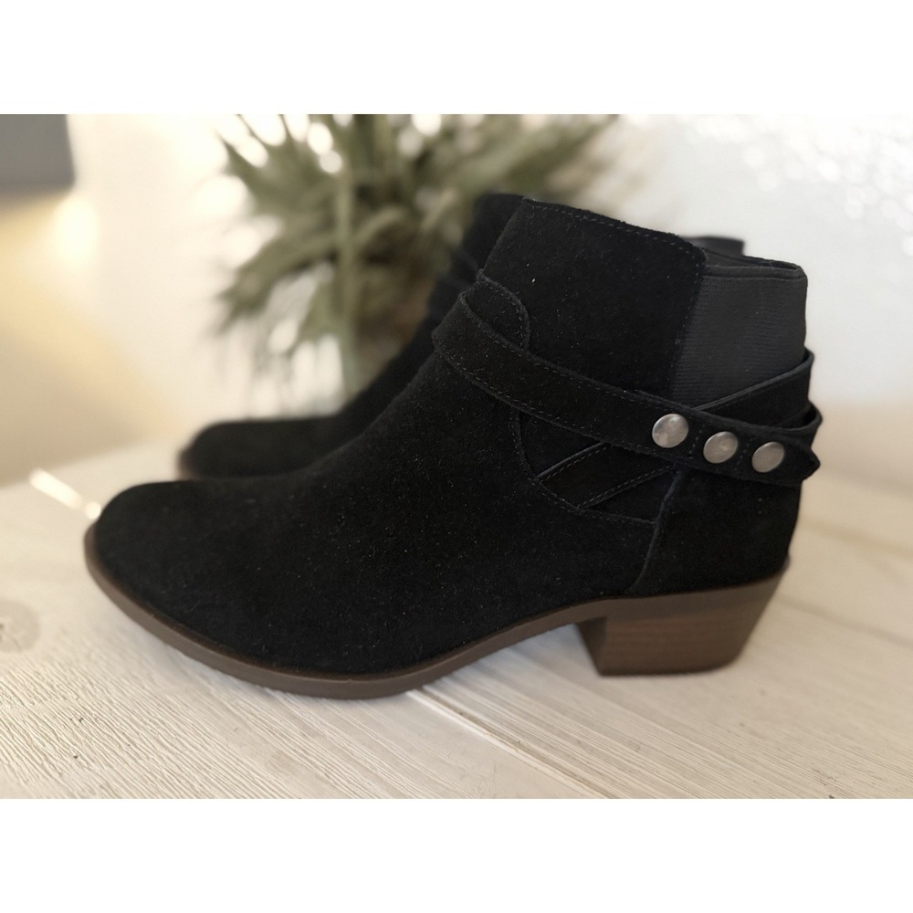 Kensie Suede Leather Ankle Boots Sz 7 Gemmy Zip Up Black Low Block Heel Studded